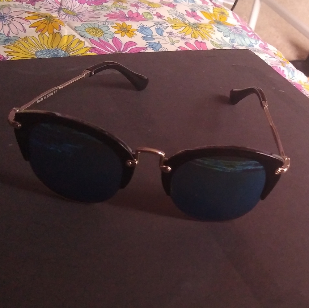 Sunglasses Blue Lense Black Silver Rims Shades